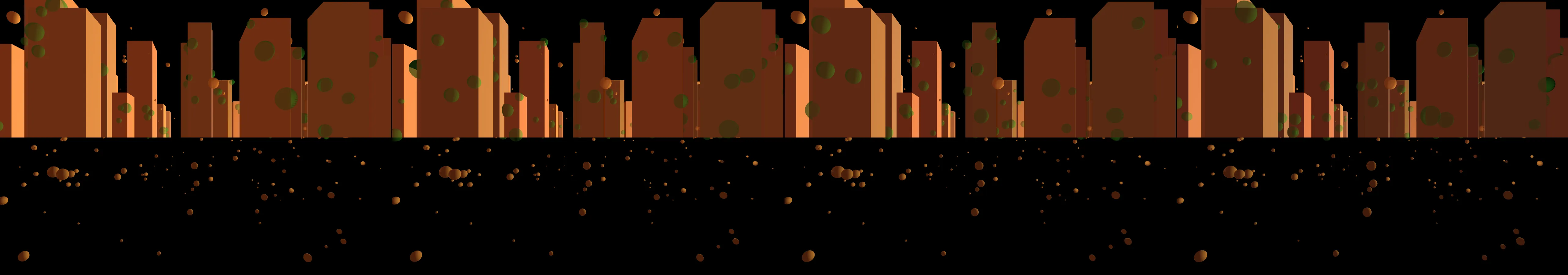 four frames from a cityscape with a sunrise to sunset animation with some procedural elements that make the city feel inhabited