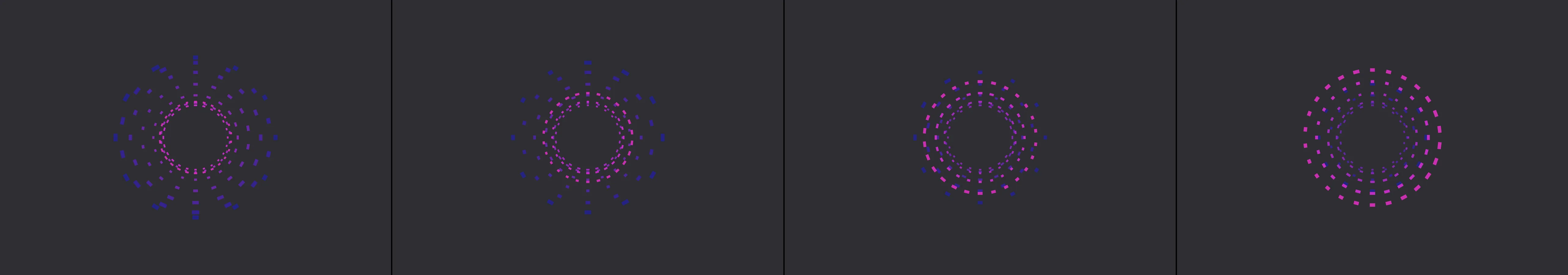 four frames from concentric circles in fluorescent colors pulse with elastic easing under a synthetic pointer