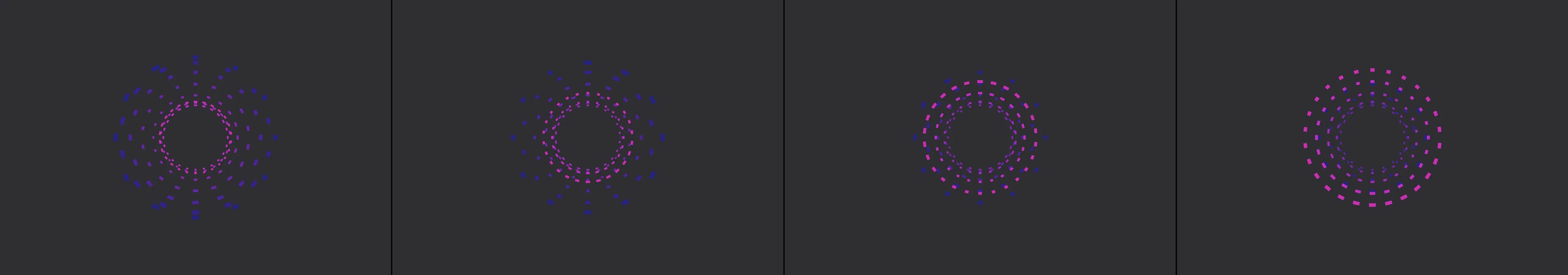 four frames from concentric circles in fluorescent colors pulse with elastic easing under a synthetic pointer