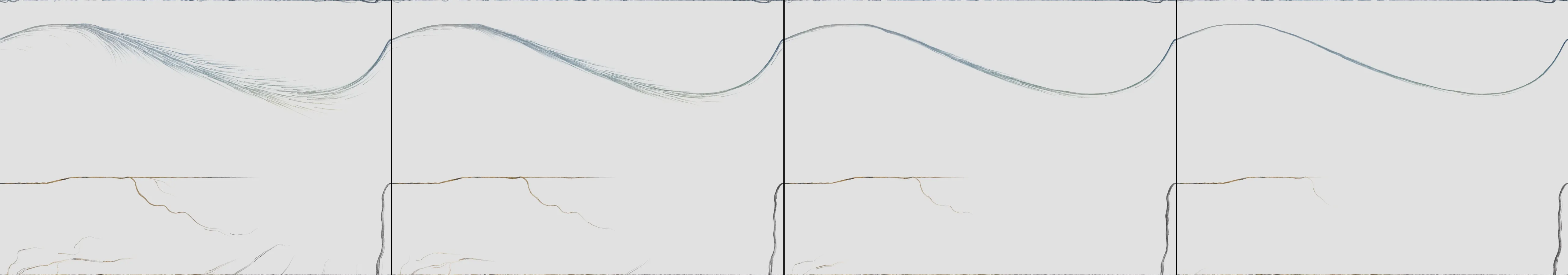 four frames from Chromatic Streams: Load a photograph from the web. Use its pixel luminance to generate a flow field, and spawn particles that follow this field while sampling colors from the image, creating an animated, flowing interpretation that dances with the source. under a synthetic pointer