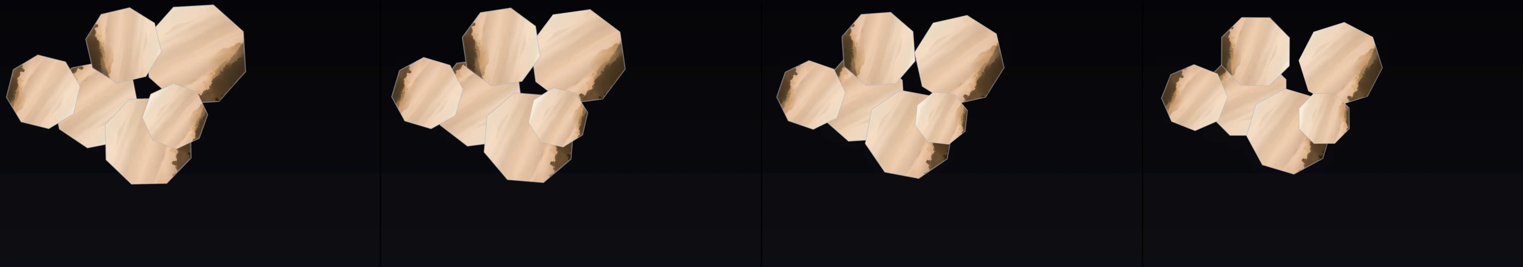 four frames from curious photos framed in floating octagons against a background of liminal space under a synthetic pointer