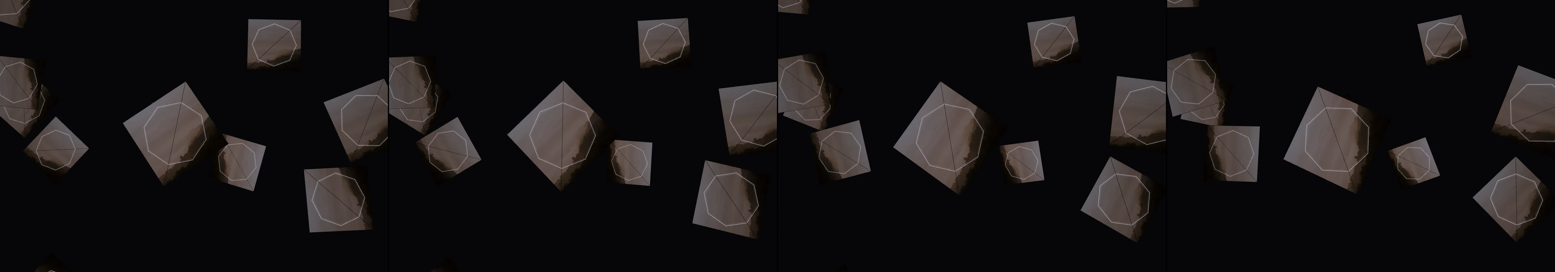 four frames from curious photos framed in floating octagons against a background of liminal space under a synthetic pointer