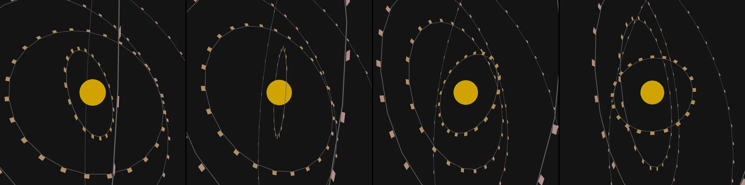 four frames from a complex gearing mechanism converting speed to power under a synthetic pointer
