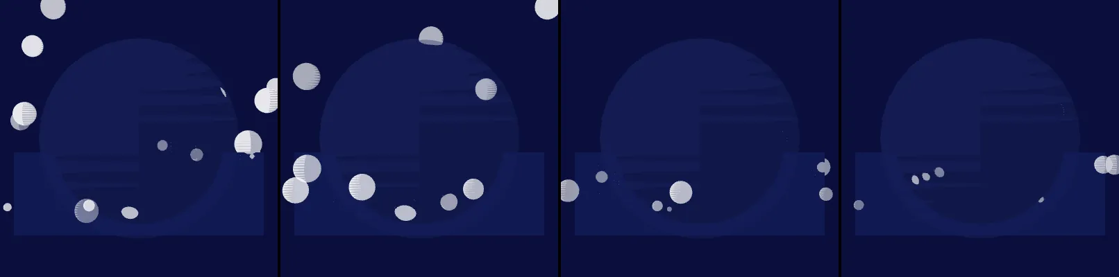 four frames from water coming to a boil under a synthetic pointer
