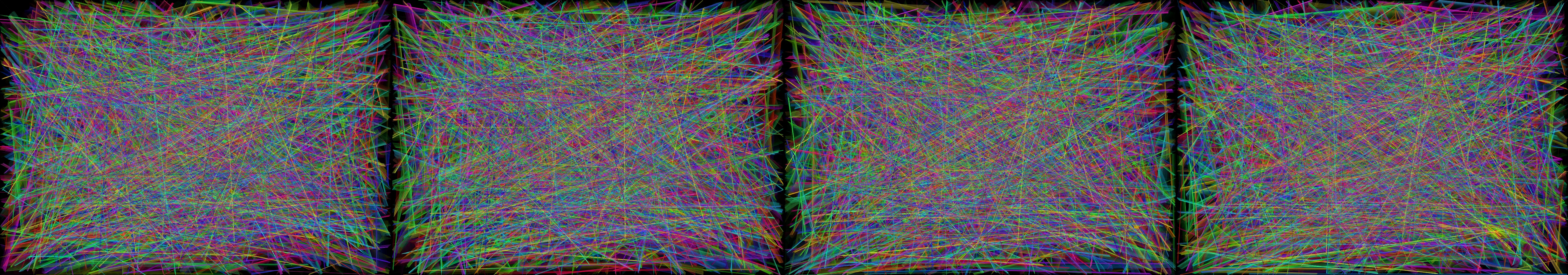four frames from intricate field of vibrant colored lines forms a delicate lattice of light and shadow under a synthetic pointer