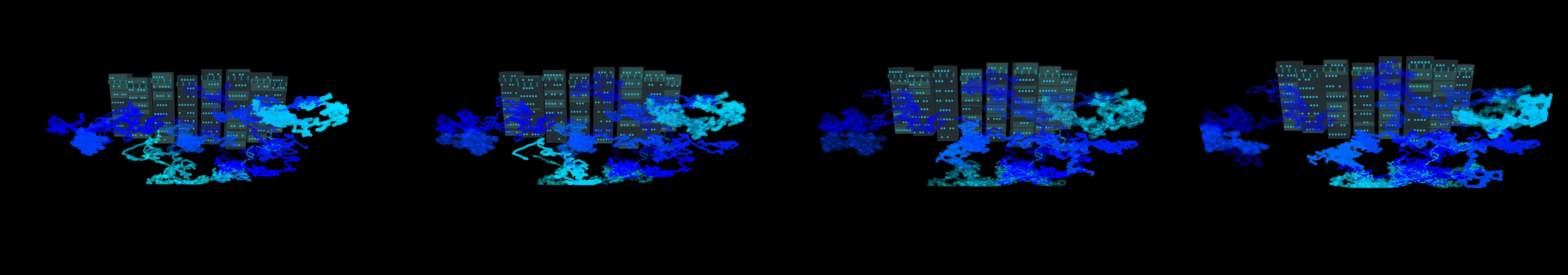 four frames from illustrate tensor flows inside the GPUs racked up inside a data center under a synthetic pointer
