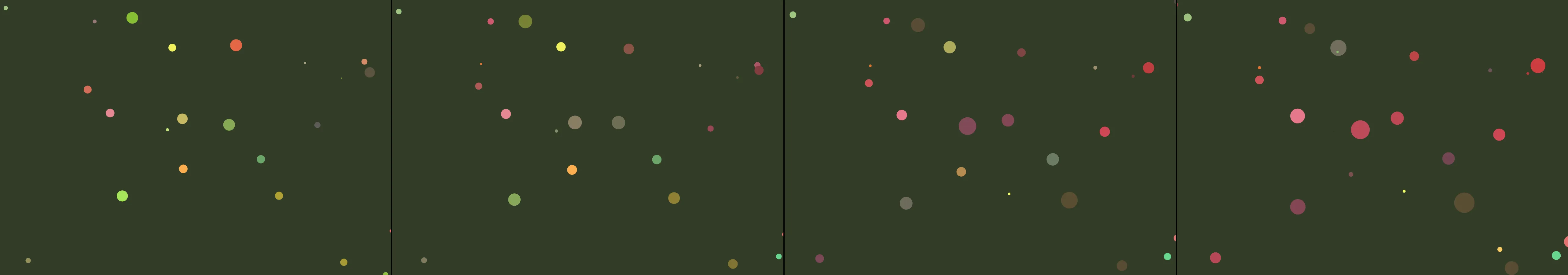 four frames from an abstracted vegetable garden, show the growth of the vegetables slowly over time under a synthetic pointer