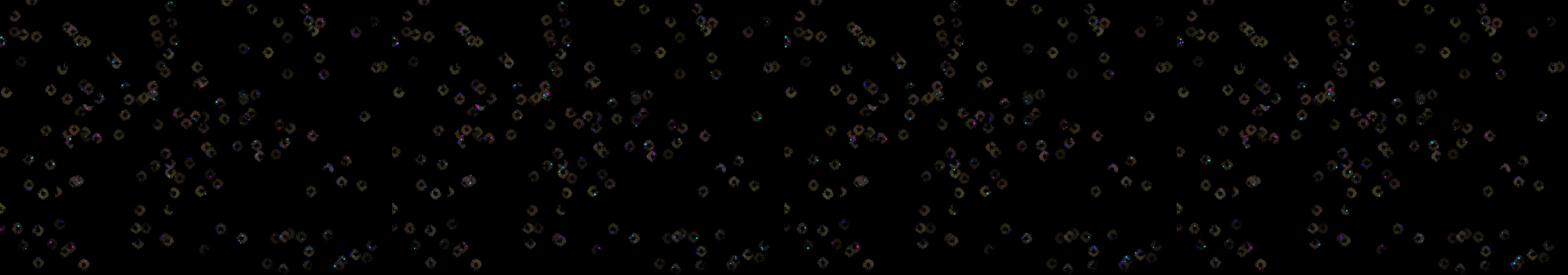 four frames from an intricate tangle of wires and cables with animated signals pulsing through under a synthetic pointer