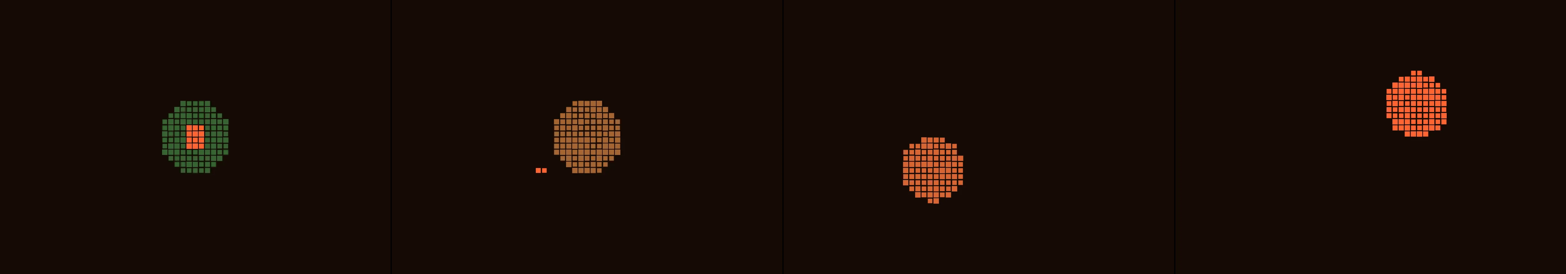 four frames from A grid of small squares, each breathing at its own slow rhythm, on a near-black ground with one warm hue. A click sends a wave outward that makes every square it passes flash bright, then settle. under a synthetic pointer