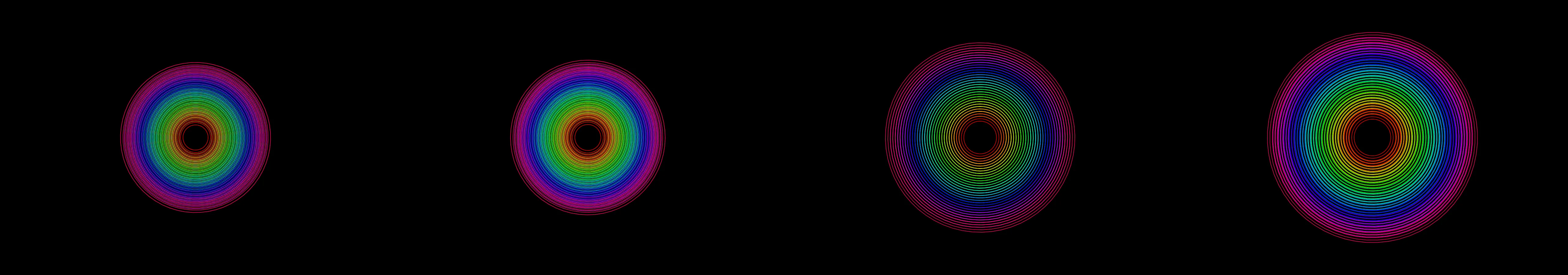 four frames from concentric circles in fluorescent colors pulse with elastic easing under a synthetic pointer