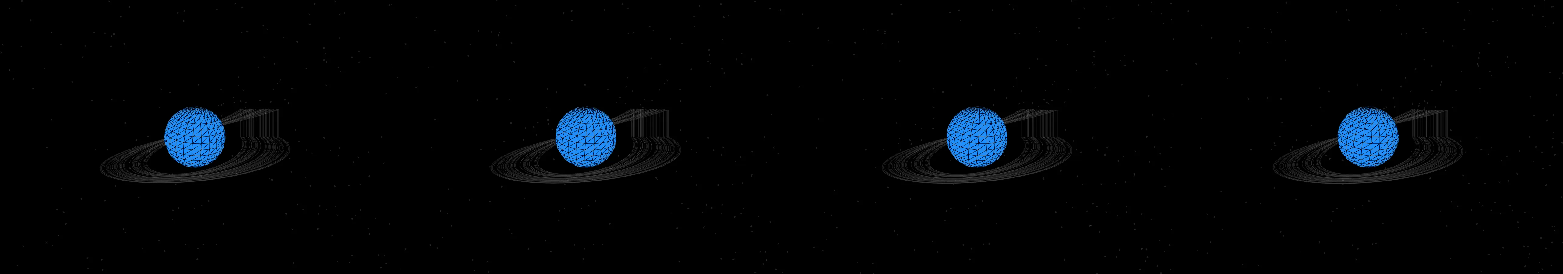 four frames from draw the Earth in 3D floating in space engulfed by a swarm of orbiting satellites under a synthetic pointer
