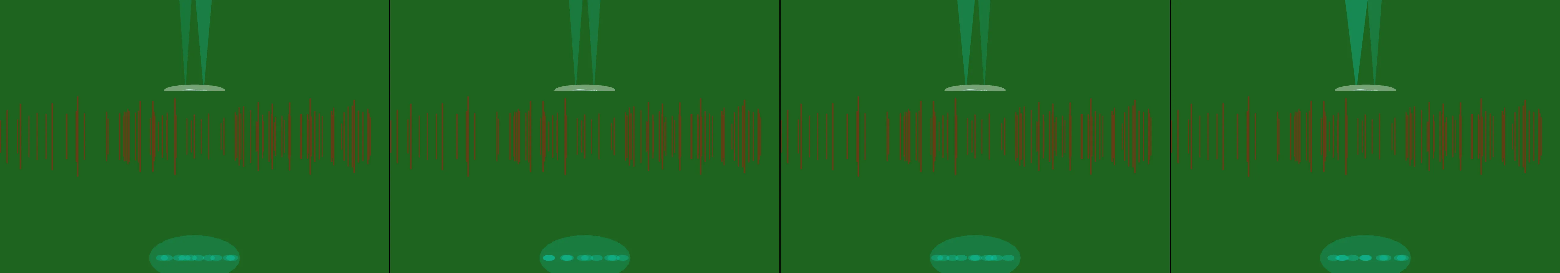 four frames from UFO landing in a corn field under a synthetic pointer