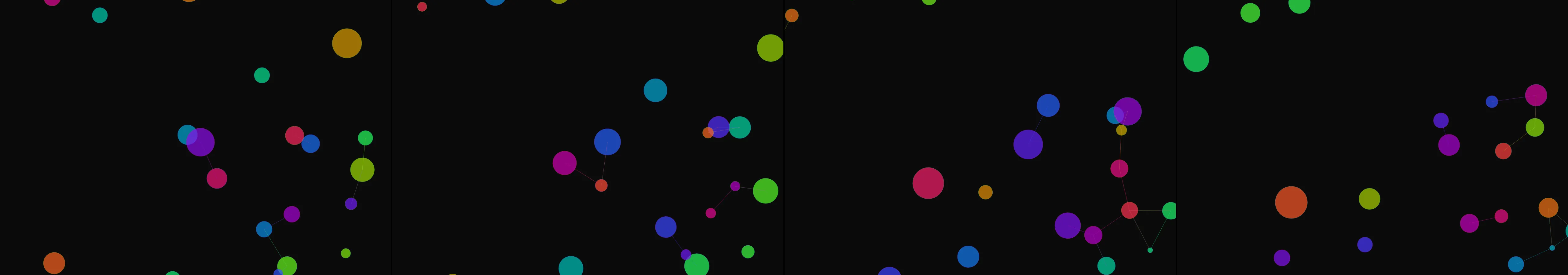 four frames from alternating patterns of oscillation and homeostasis evoked with color and form, continuously morphing under a synthetic pointer