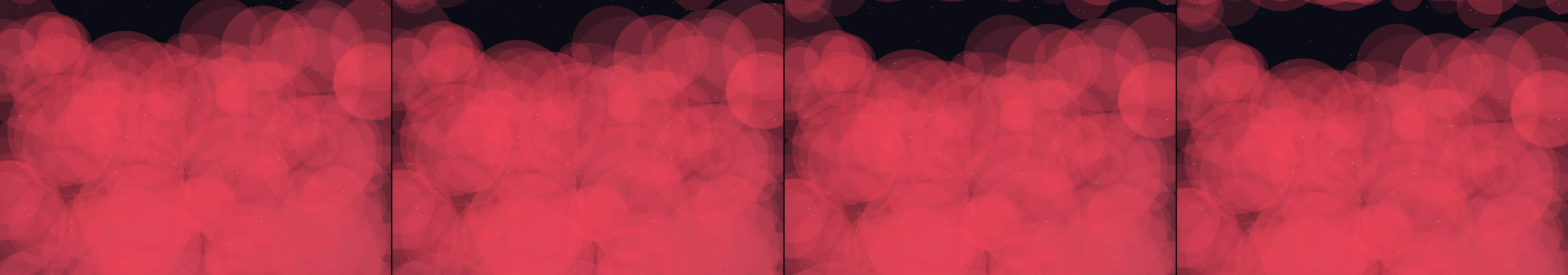 four frames from A slow tide of overlapping translucent circles rising from the bottom of a dark canvas, one cool hue. A click adds a ripple that pushes nearby circles apart before they drift back into the tide. under a synthetic pointer