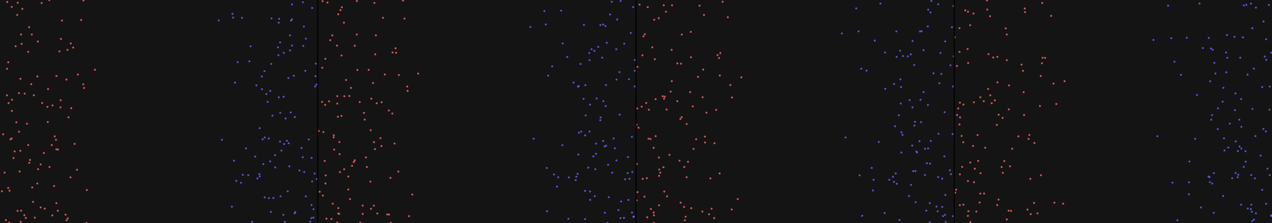 four frames from two flocks that avoid each other under a synthetic pointer