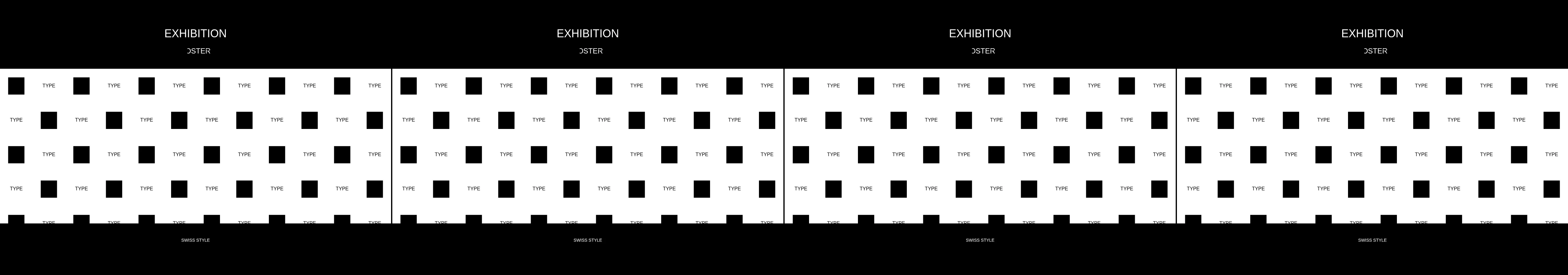 four frames from design a typography composition expressing the swiss school of formal style, it should look like an exhibition poster under a synthetic pointer