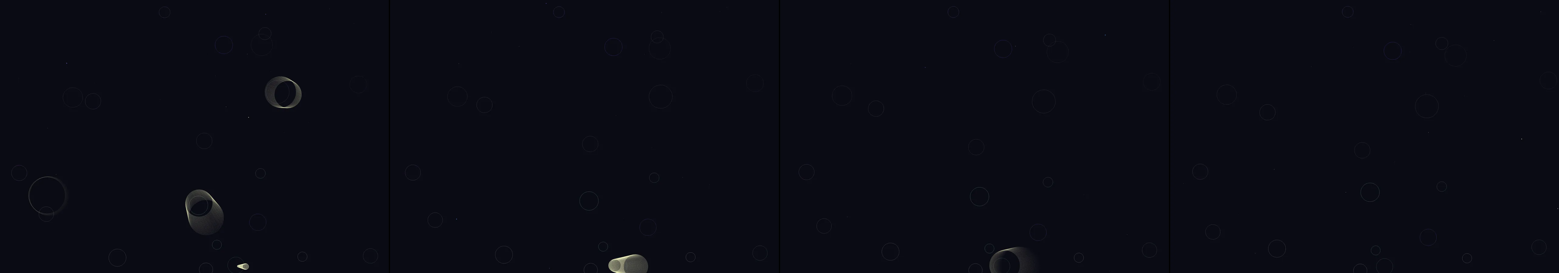 four frames from A slow tide of overlapping translucent circles rising from the bottom of a dark canvas, one cool hue. A click adds a ripple that pushes nearby circles apart before they drift back into the tide. under a synthetic pointer