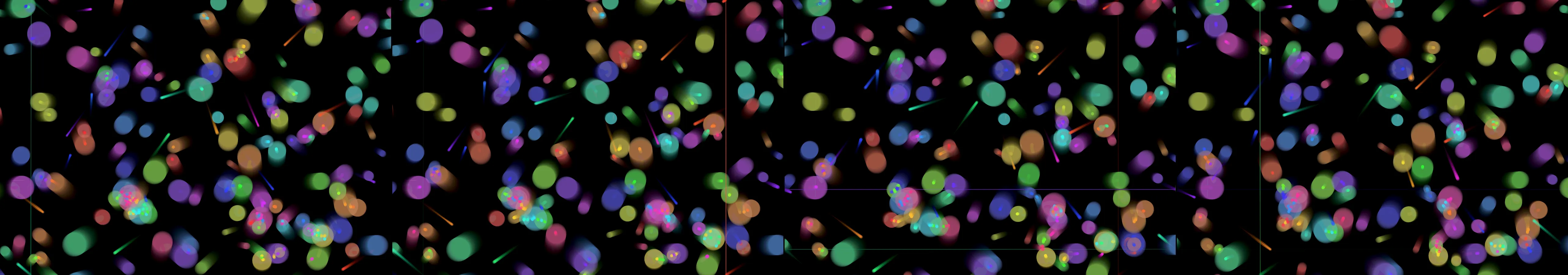 four frames from A slow tide of overlapping translucent circles rising from the bottom of a dark canvas, one cool hue. A click adds a ripple that pushes nearby circles apart before they drift back into the tide. under a synthetic pointer