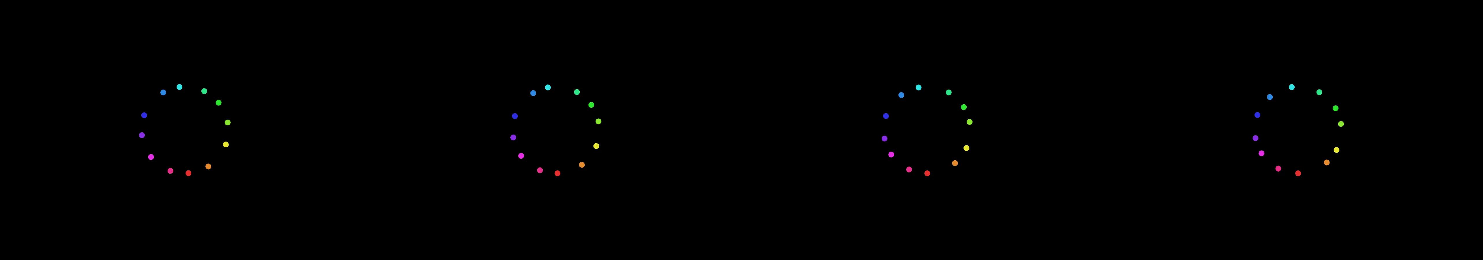 four frames from an orchestra of pendulums tuned to a pentatonic scale under a synthetic pointer