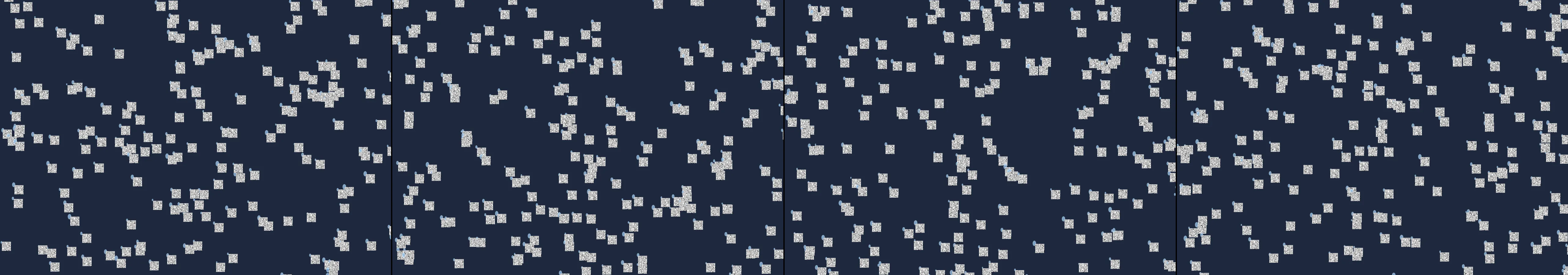 four frames from rain on a window where each drop holds a tiny upside-down city under a synthetic pointer