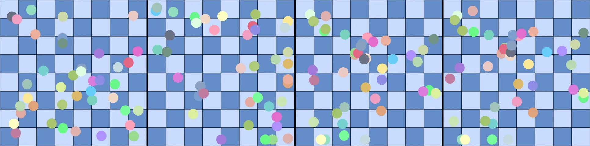 four frames from a chessboard whose pieces drift like boats on a tide under a synthetic pointer