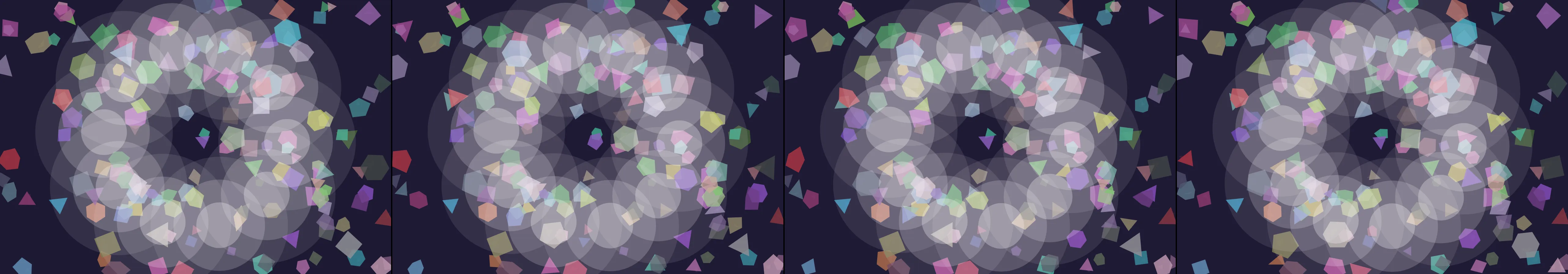 four frames from a stained-glass window as the light moves through a whole day under a synthetic pointer