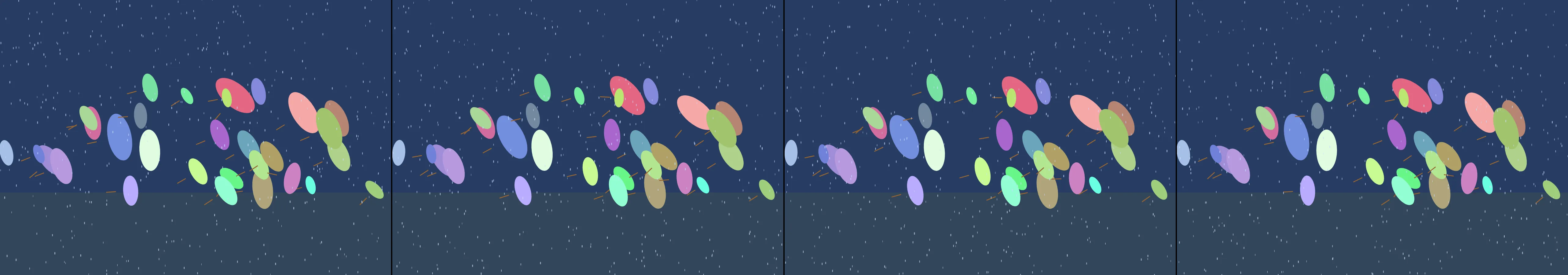 four frames from a crowd of umbrellas opening one by one as the rain starts under a synthetic pointer