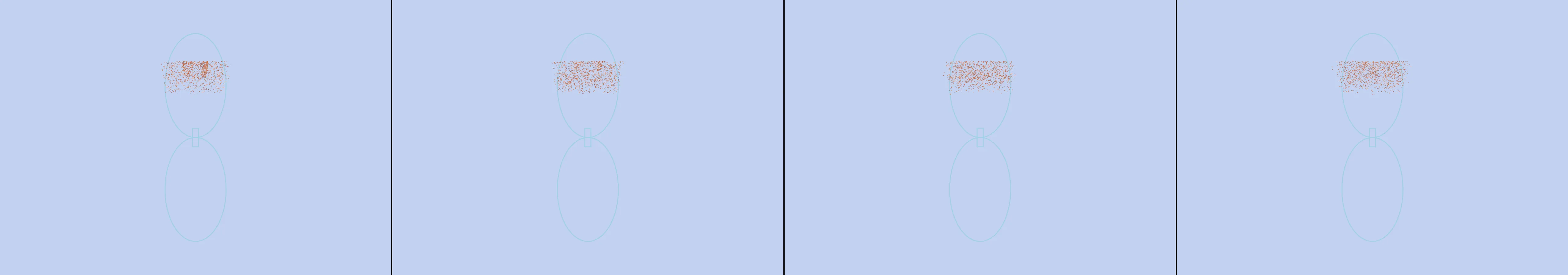four frames from an hourglass where the sand falls upward under a synthetic pointer