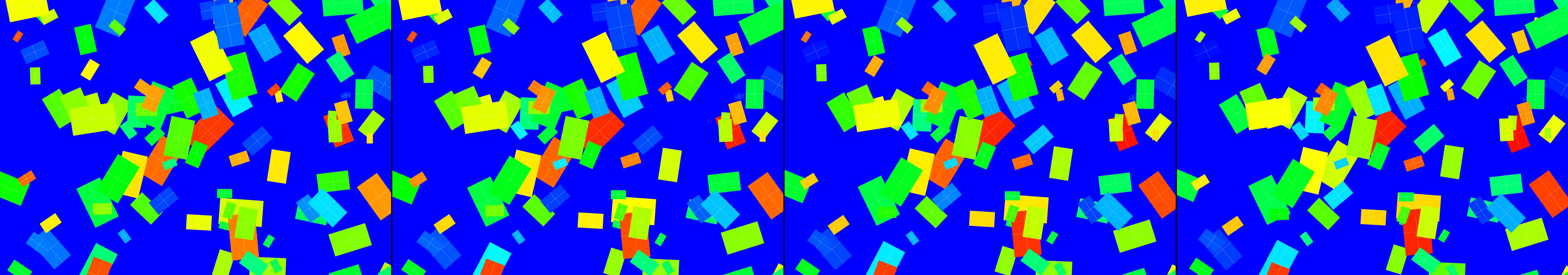 four frames from a quilt stitched from the colors of every hour in a day under a synthetic pointer