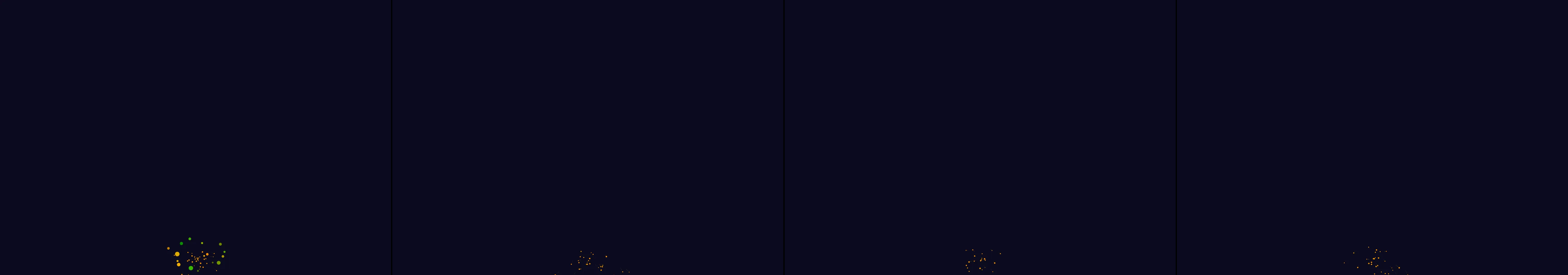four frames from a campfire whose sparks drift up and become constellations under a synthetic pointer