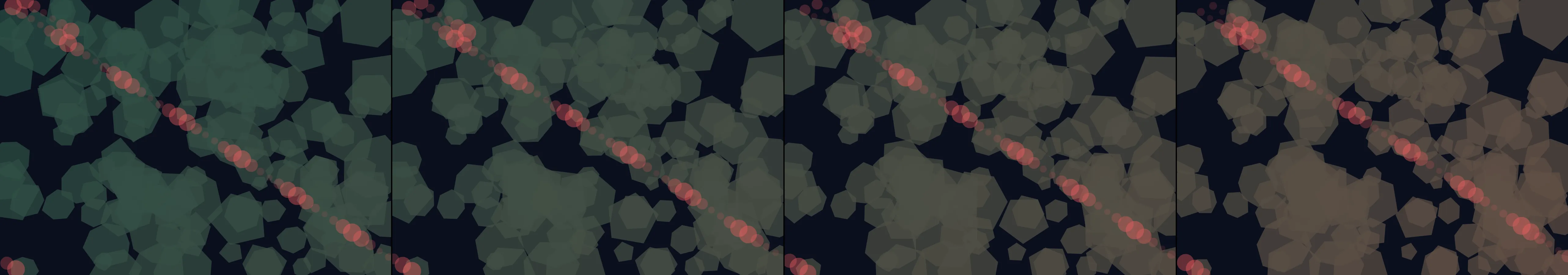four frames from a beehive seen through a thermal camera under a synthetic pointer
