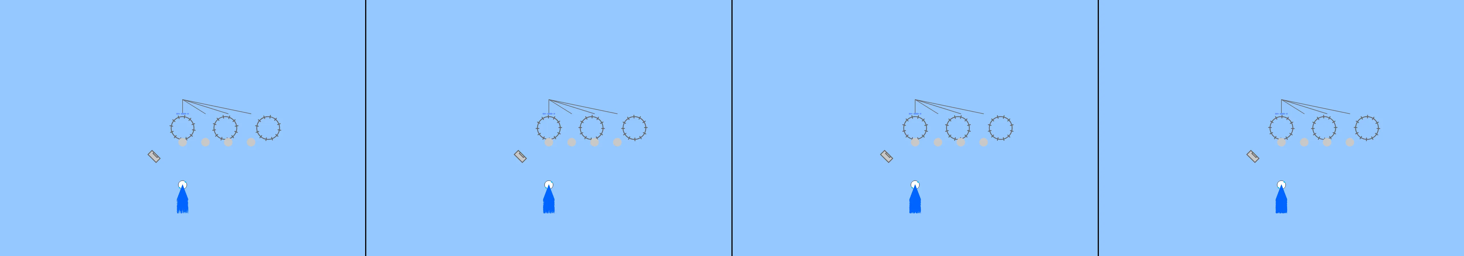 four frames from a Rube Goldberg machine whose only job is to water one flower under a synthetic pointer