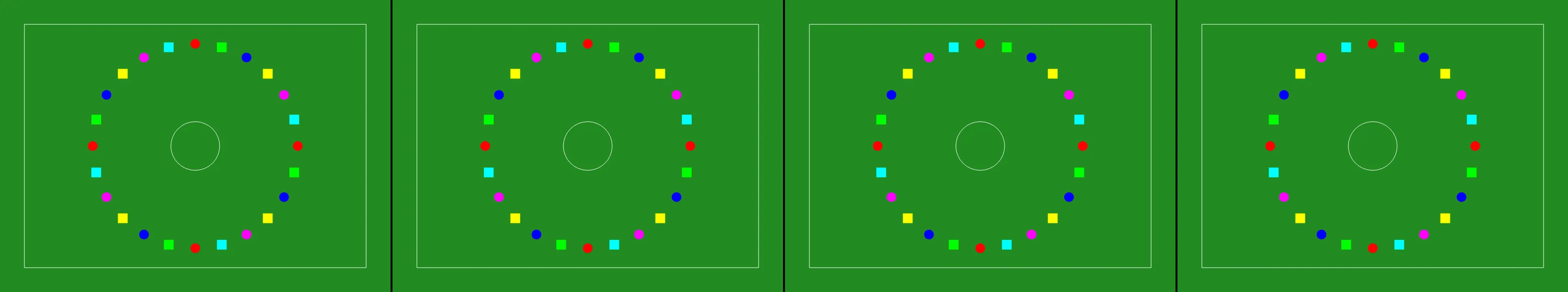 four frames from a marching band seen from above, forming shapes on a football field under a synthetic pointer