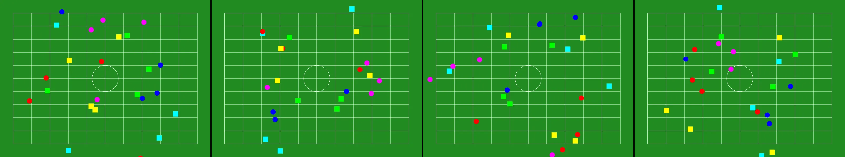 four frames from a marching band seen from above, forming shapes on a football field under a synthetic pointer