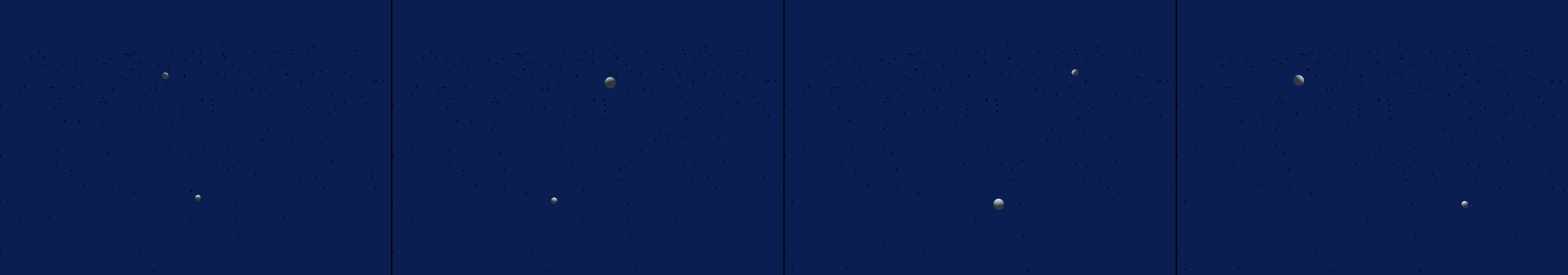 four frames from a glacier calving into the sea in slow motion under a synthetic pointer