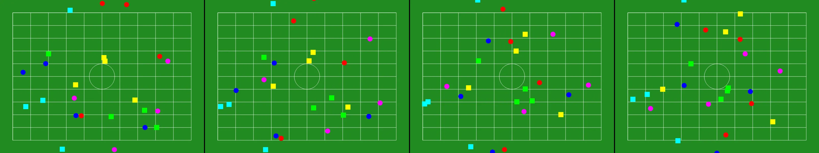 four frames from a marching band seen from above, forming shapes on a football field under a synthetic pointer
