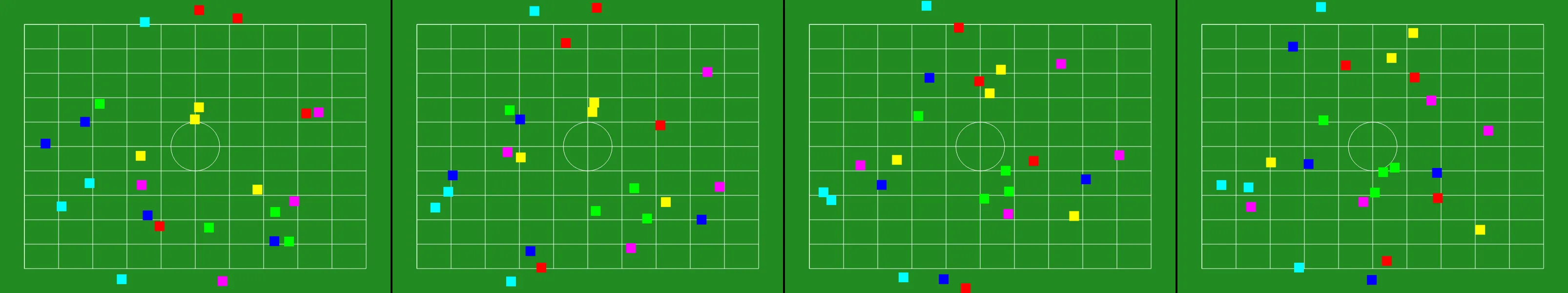 four frames from a marching band seen from above, forming shapes on a football field under a synthetic pointer