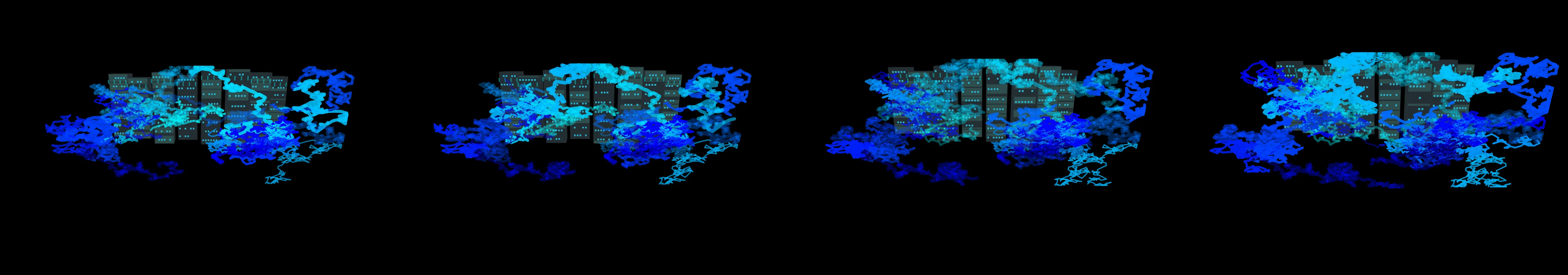 four frames from illustrate tensor flows inside the GPUs racked up inside a data center under a synthetic pointer