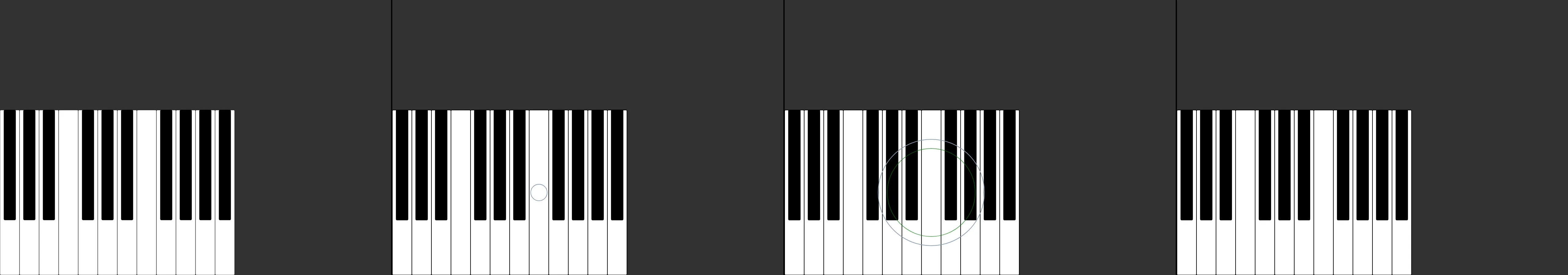 four frames from a playable piano under a synthetic pointer
