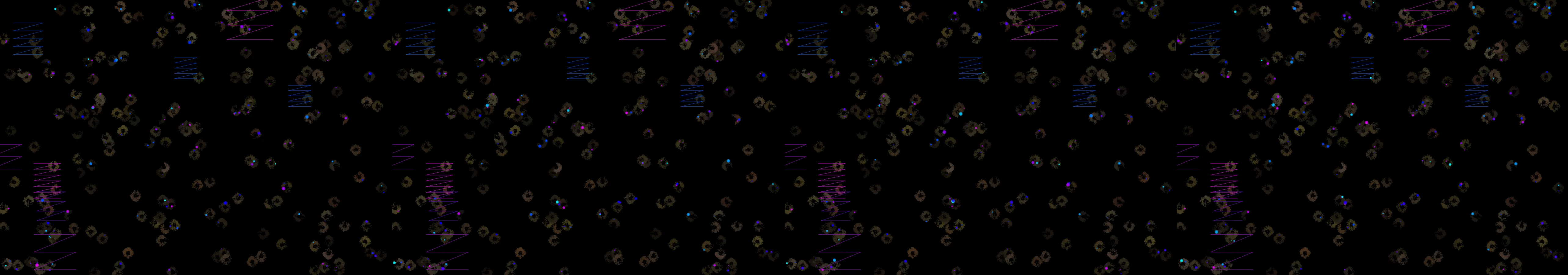 four frames from an intricate tangle of wires and cables with animated signals pulsing through under a synthetic pointer