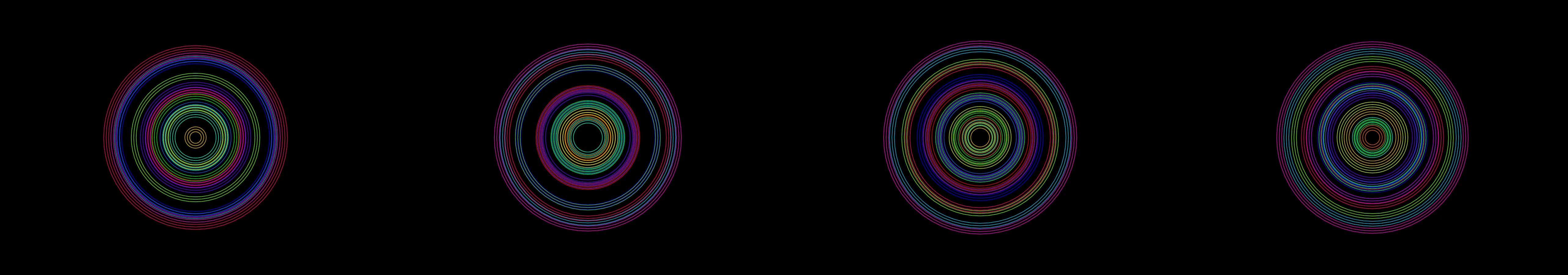 four frames from concentric circles in fluorescent colors pulse with elastic easing under a synthetic pointer