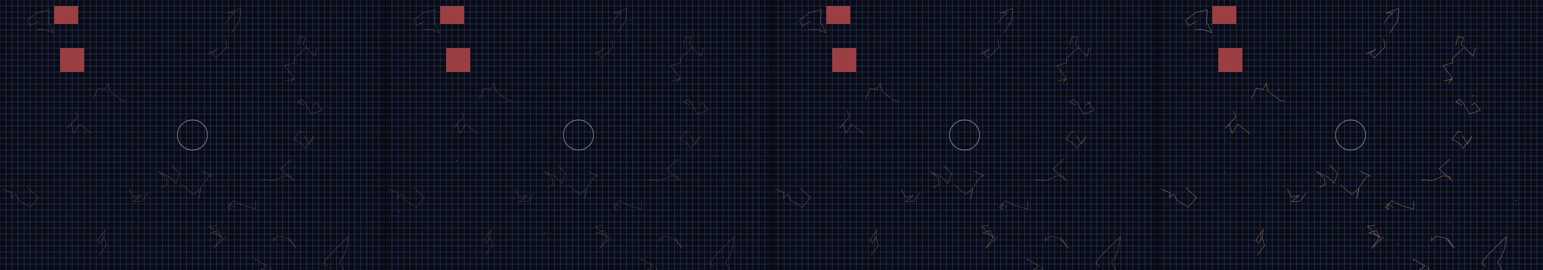 four frames from a crossword puzzle designer thinking about next week's puzzle in their mind under a synthetic pointer