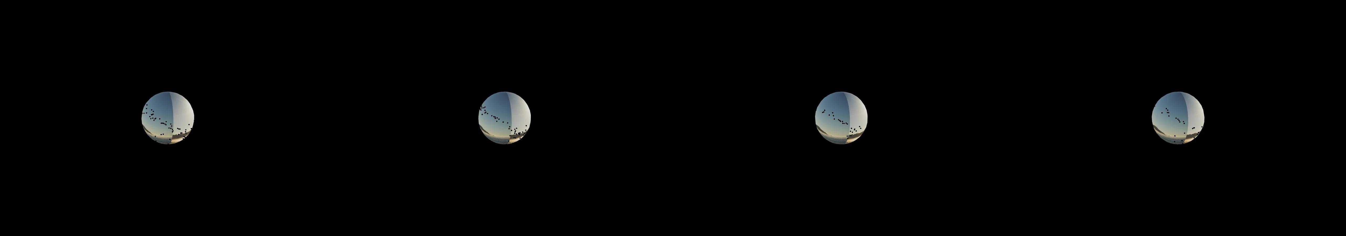 four frames from draw the Earth in 3D floating in space engulfed by a swarm of orbiting satellites under a synthetic pointer