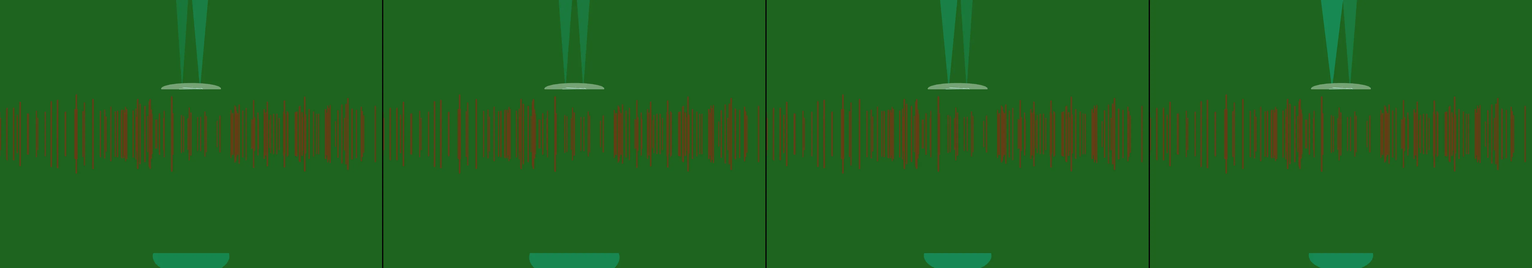 four frames from UFO landing in a corn field under a synthetic pointer
