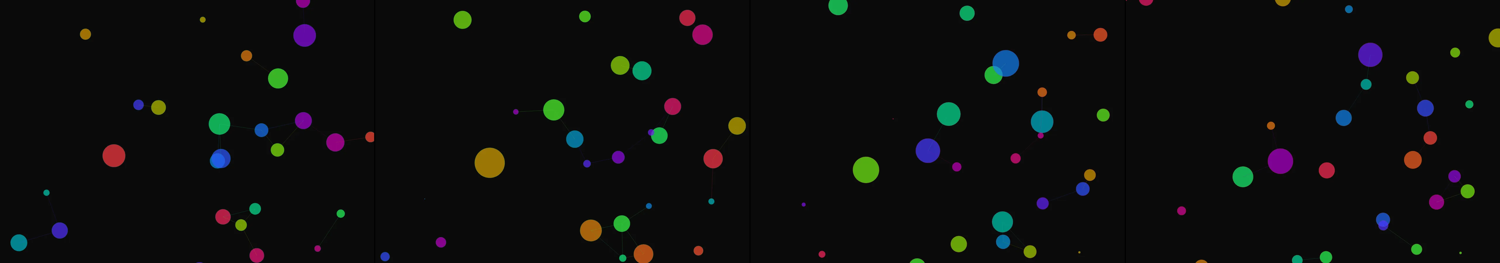 four frames from alternating patterns of oscillation and homeostasis evoked with color and form, continuously morphing under a synthetic pointer