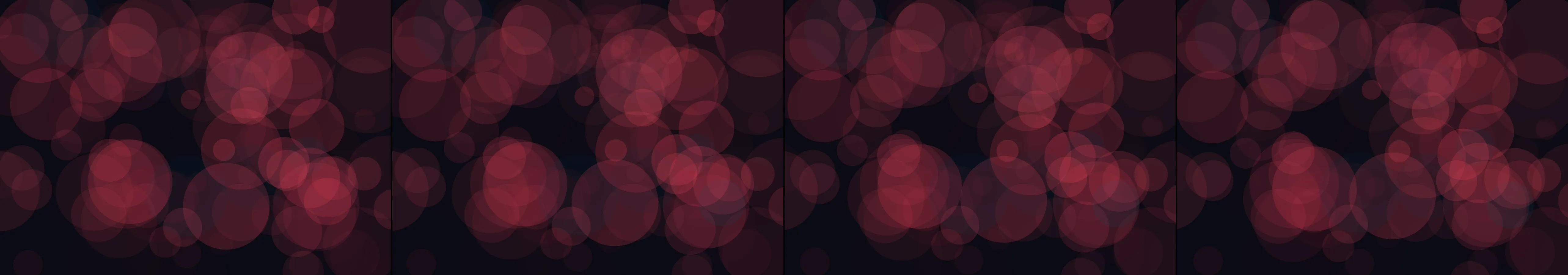four frames from A slow tide of overlapping translucent circles rising from the bottom of a dark canvas, one cool hue. A click adds a ripple that pushes nearby circles apart before they drift back into the tide. under a synthetic pointer