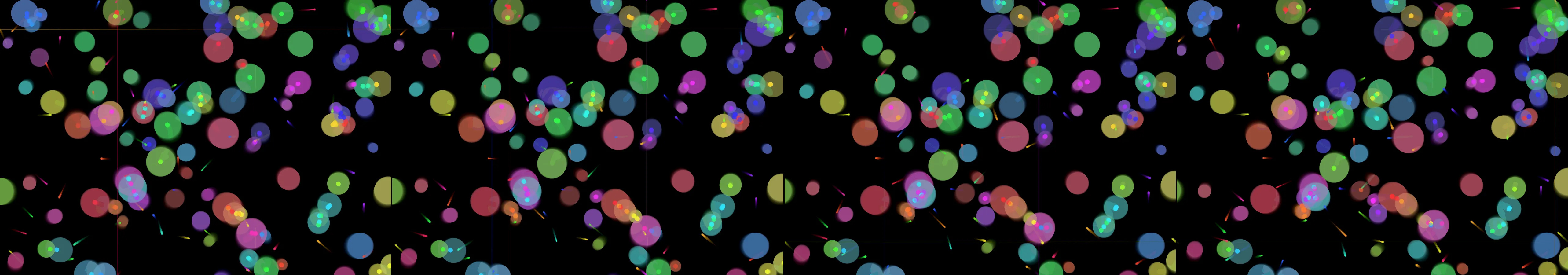 four frames from A slow tide of overlapping translucent circles rising from the bottom of a dark canvas, one cool hue. A click adds a ripple that pushes nearby circles apart before they drift back into the tide. under a synthetic pointer