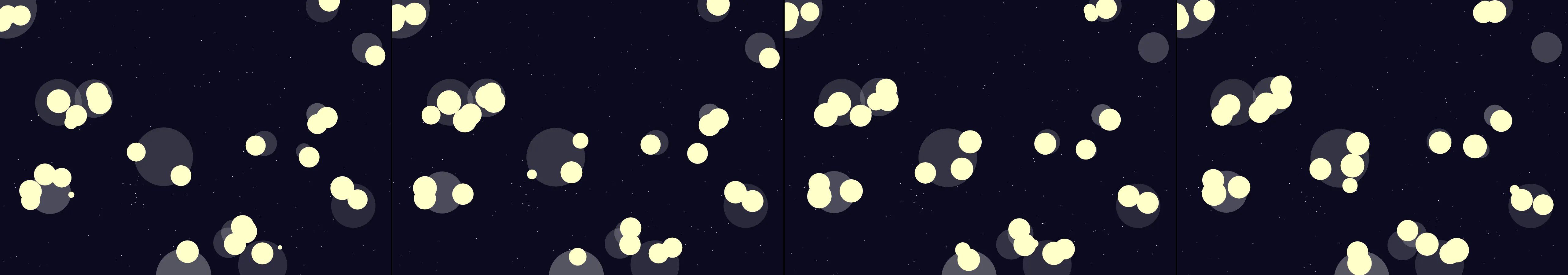 four frames from A slow tide of overlapping translucent circles rising from the bottom of a dark canvas, one cool hue. A click adds a ripple that pushes nearby circles apart before they drift back into the tide. under a synthetic pointer