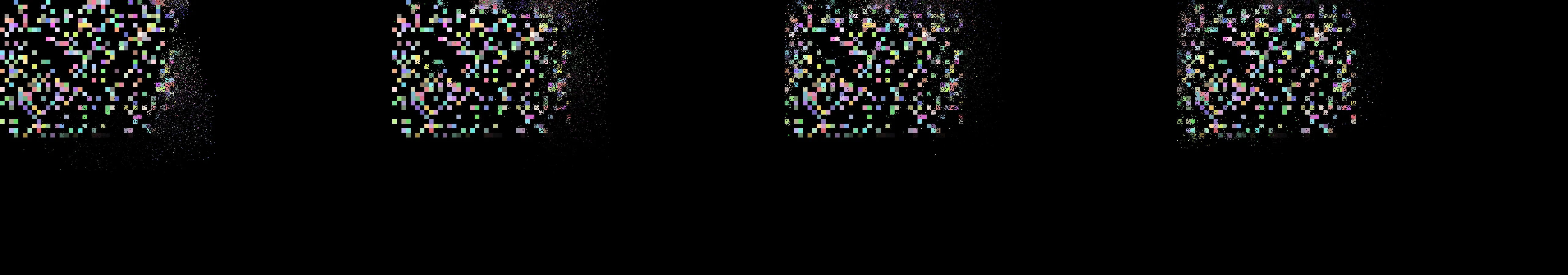 four frames from moss slowly reclaiming a grid of abandoned pixels under a synthetic pointer