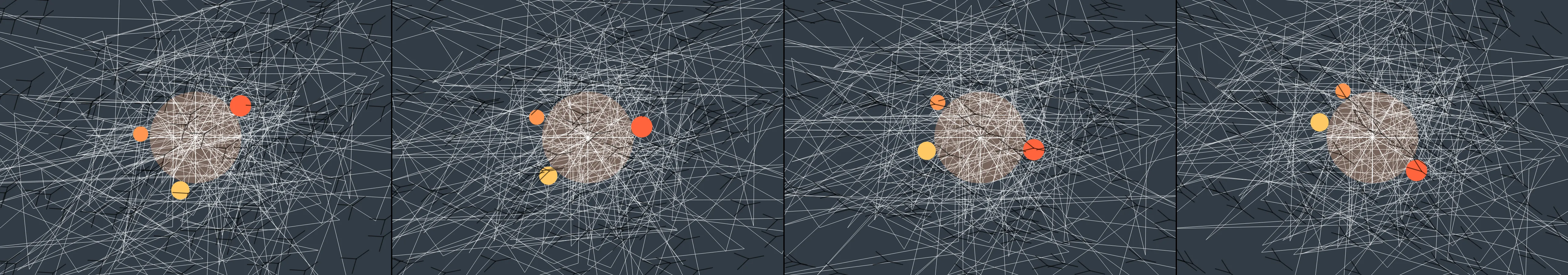 four frames from a sundial in a world with three suns under a synthetic pointer